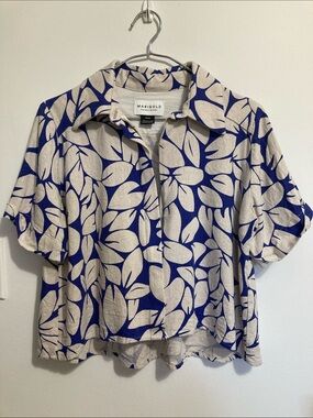 Marigold Blue and Cream Leaf-Print Crop Shirt